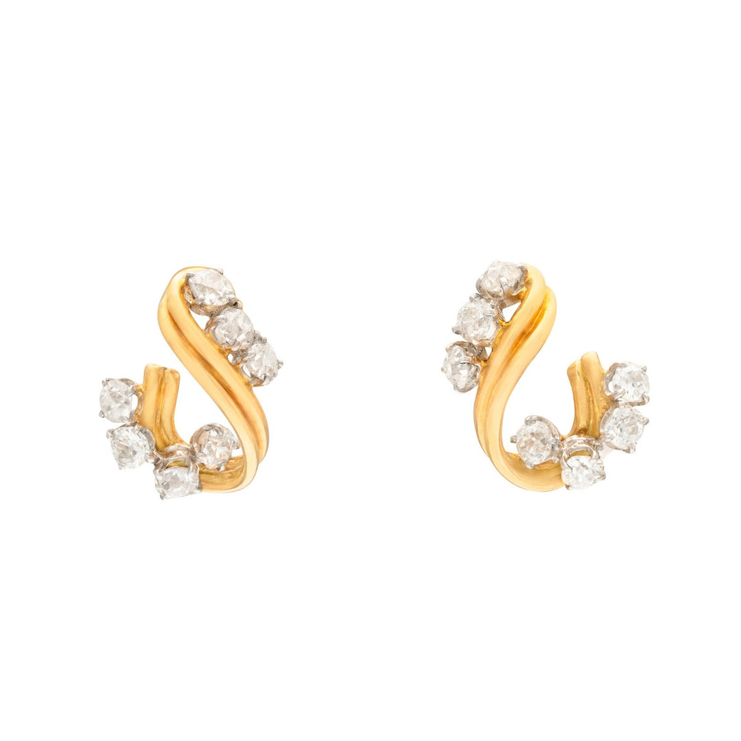 French Diamond, 18k Gold, and Platinum Swirl Earrings