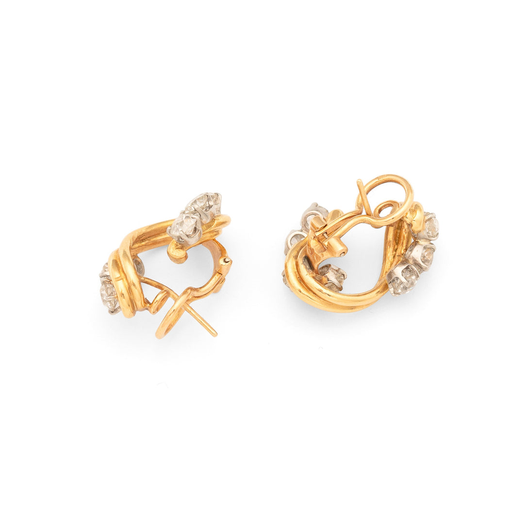 French Diamond, 18k Gold, and Platinum Swirl Earrings