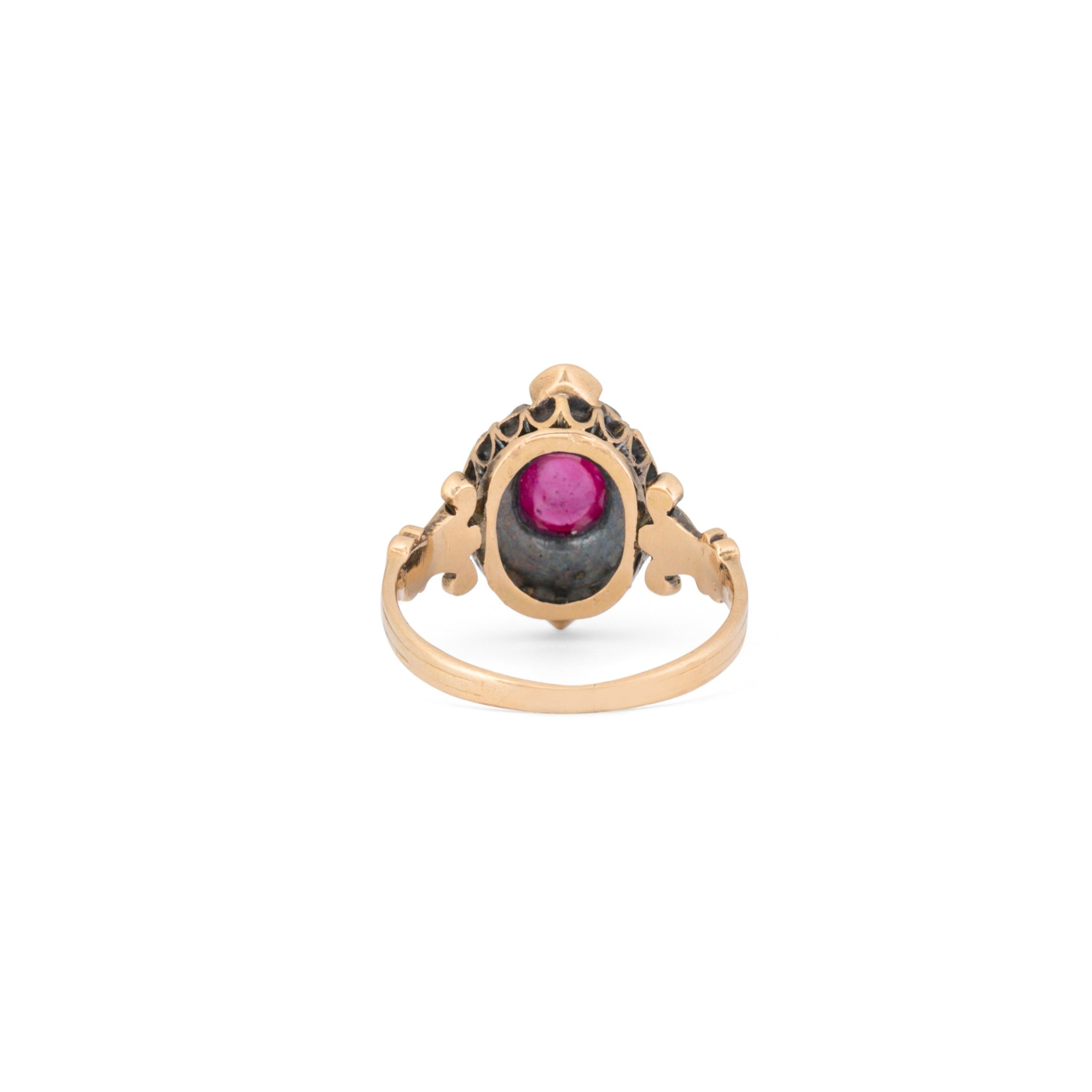 Victorian Ruby Cabochon, Diamond, and 14k Gold Ring