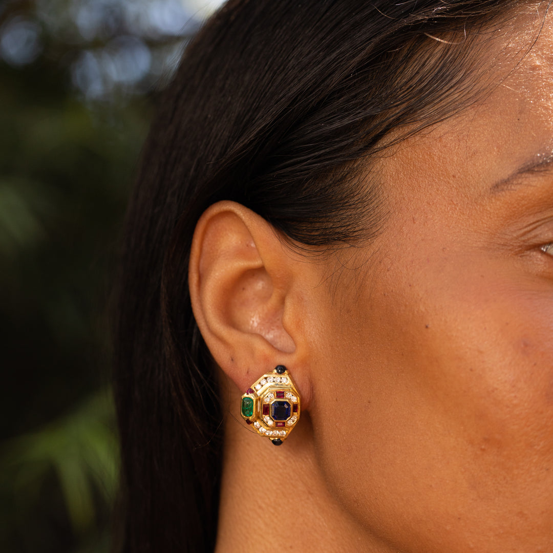 Multi-Stone, Diamond, and 18K Gold Earrings