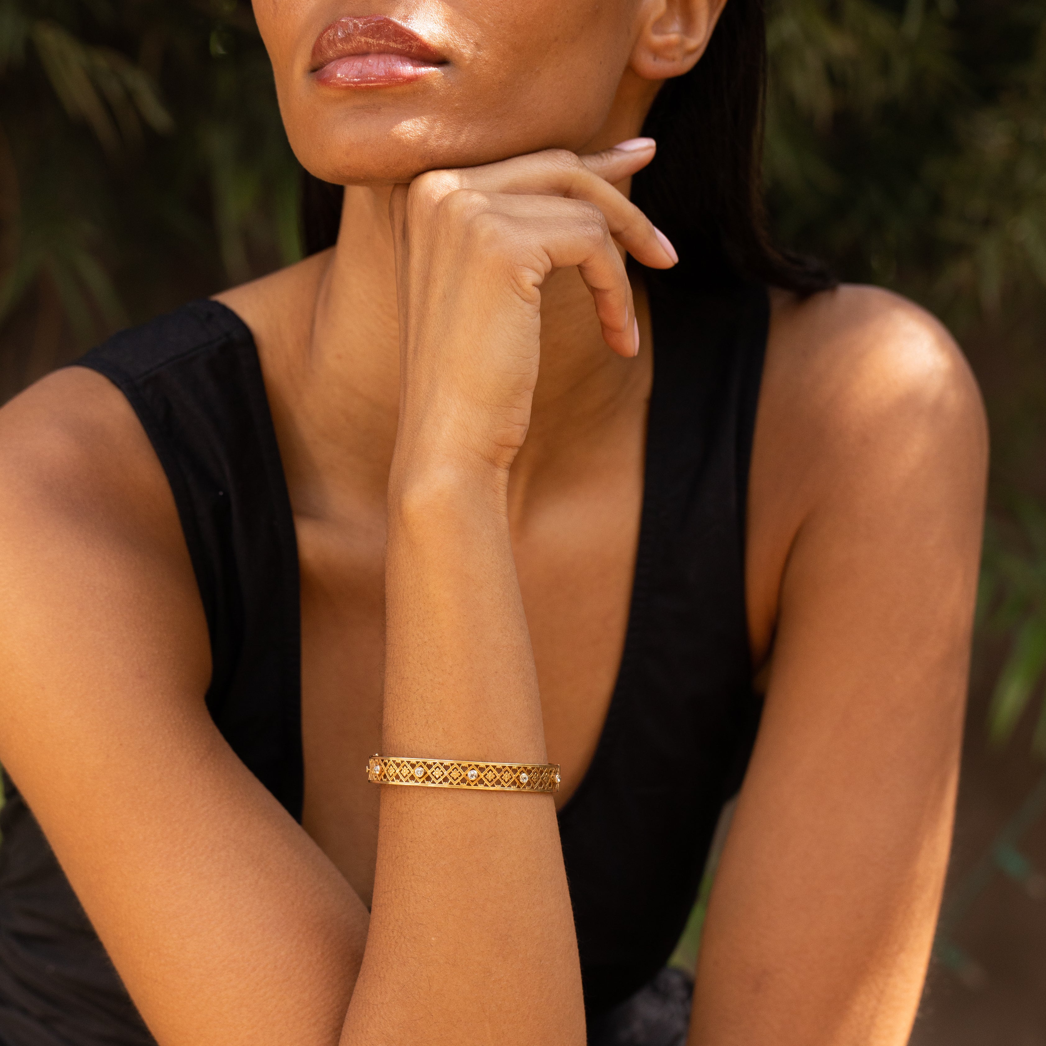 Old Mine Cut Diamond and 14k Gold Bangle Bracelet