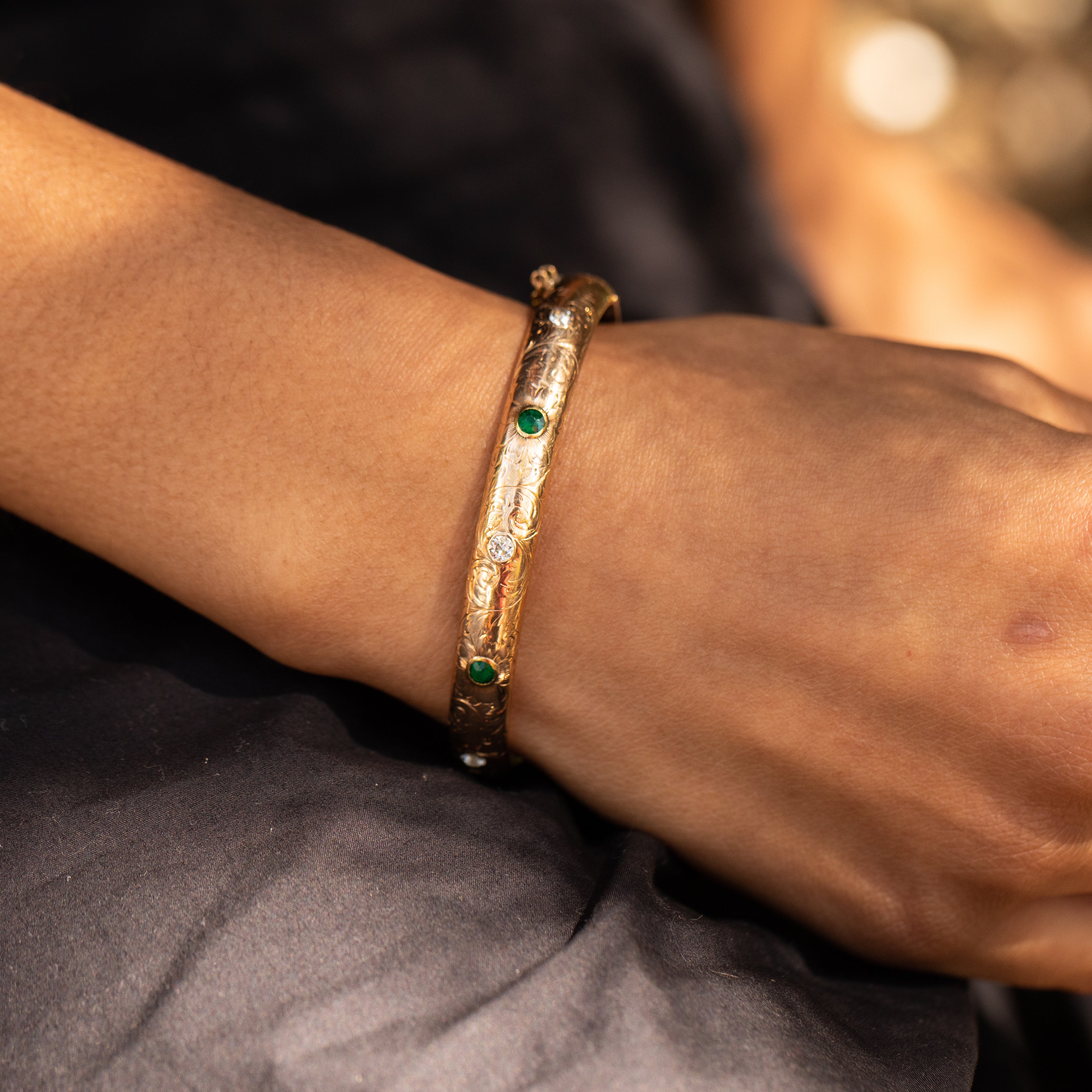 Art Nouveau Diamond, Emerald, and 14k Gold Bangle Bracelet