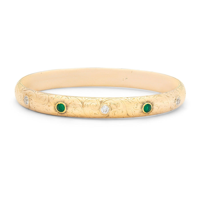 Art Nouveau Diamond, Emerald, and 14k Gold Bangle Bracelet