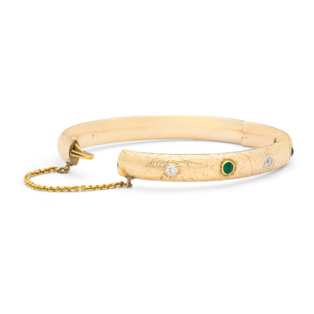 Art Nouveau Diamond, Emerald, and 14k Gold Bangle Bracelet