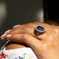 Large Sapphire, Diamond, Silver, and 14K Yellow Gold Cluster Ring