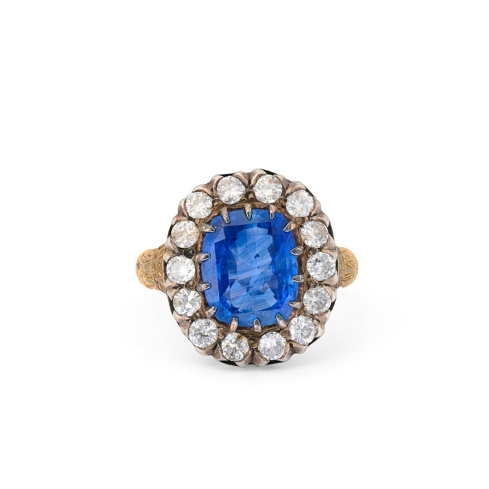 Large Sapphire, Diamond, Silver, and 14K Yellow Gold Cluster Ring