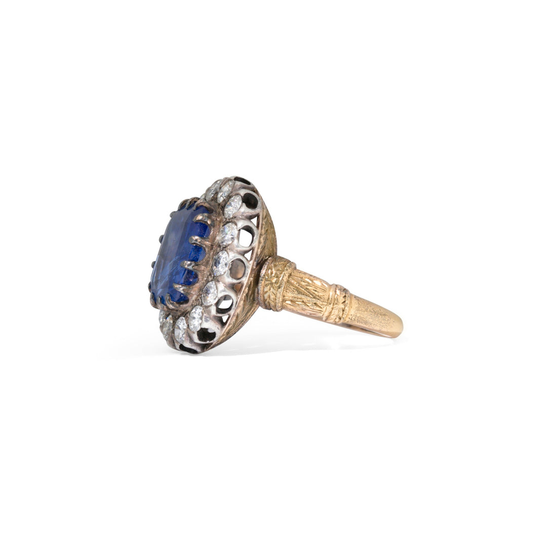 Large Sapphire, Diamond, Silver, and 14K Yellow Gold Cluster Ring