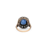 Large Sapphire, Diamond, Silver, and 14K Yellow Gold Cluster Ring