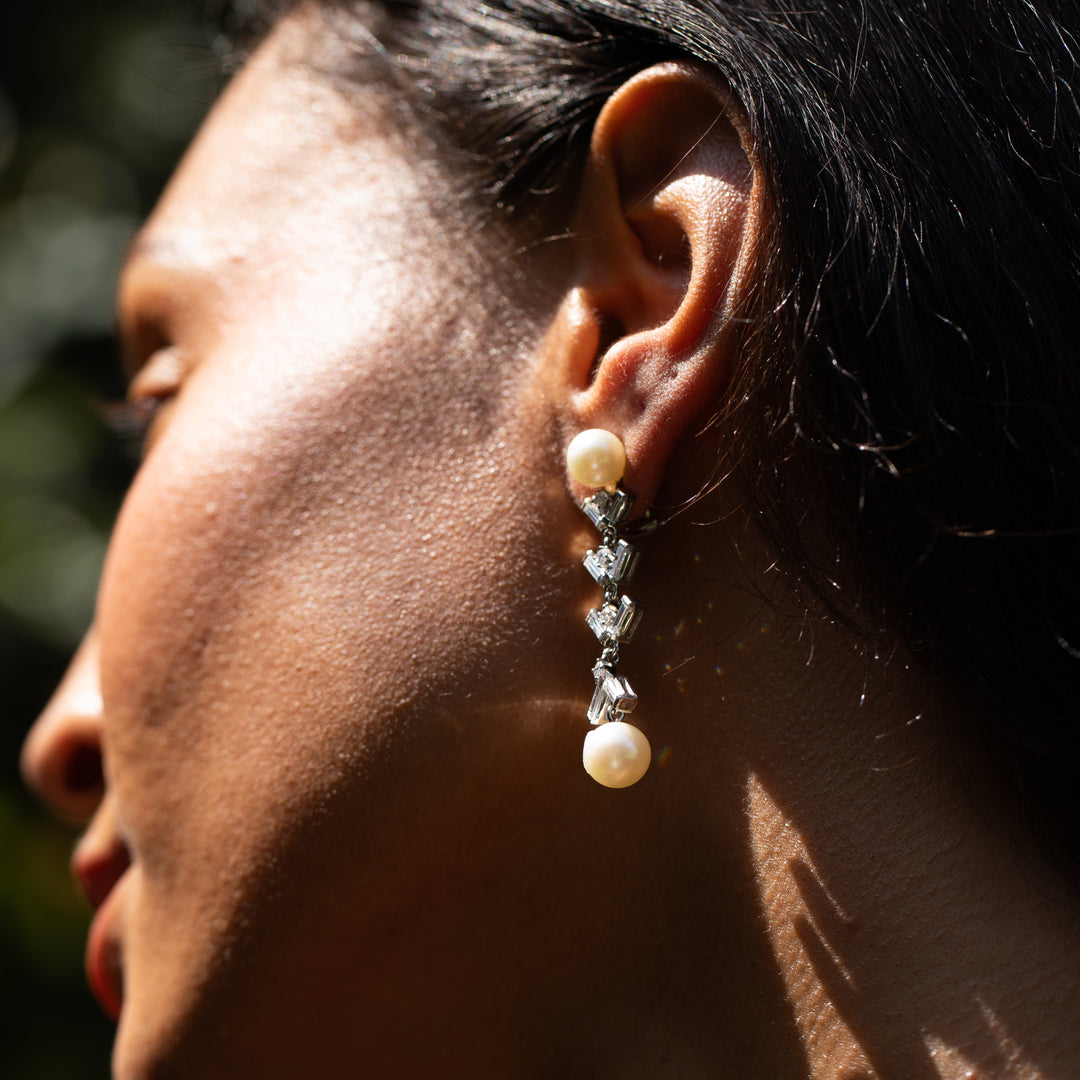 Pearl, Diamond, and Platinum Dangle Earrings