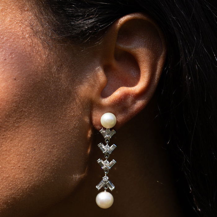 Pearl, Diamond, and Platinum Dangle Earrings