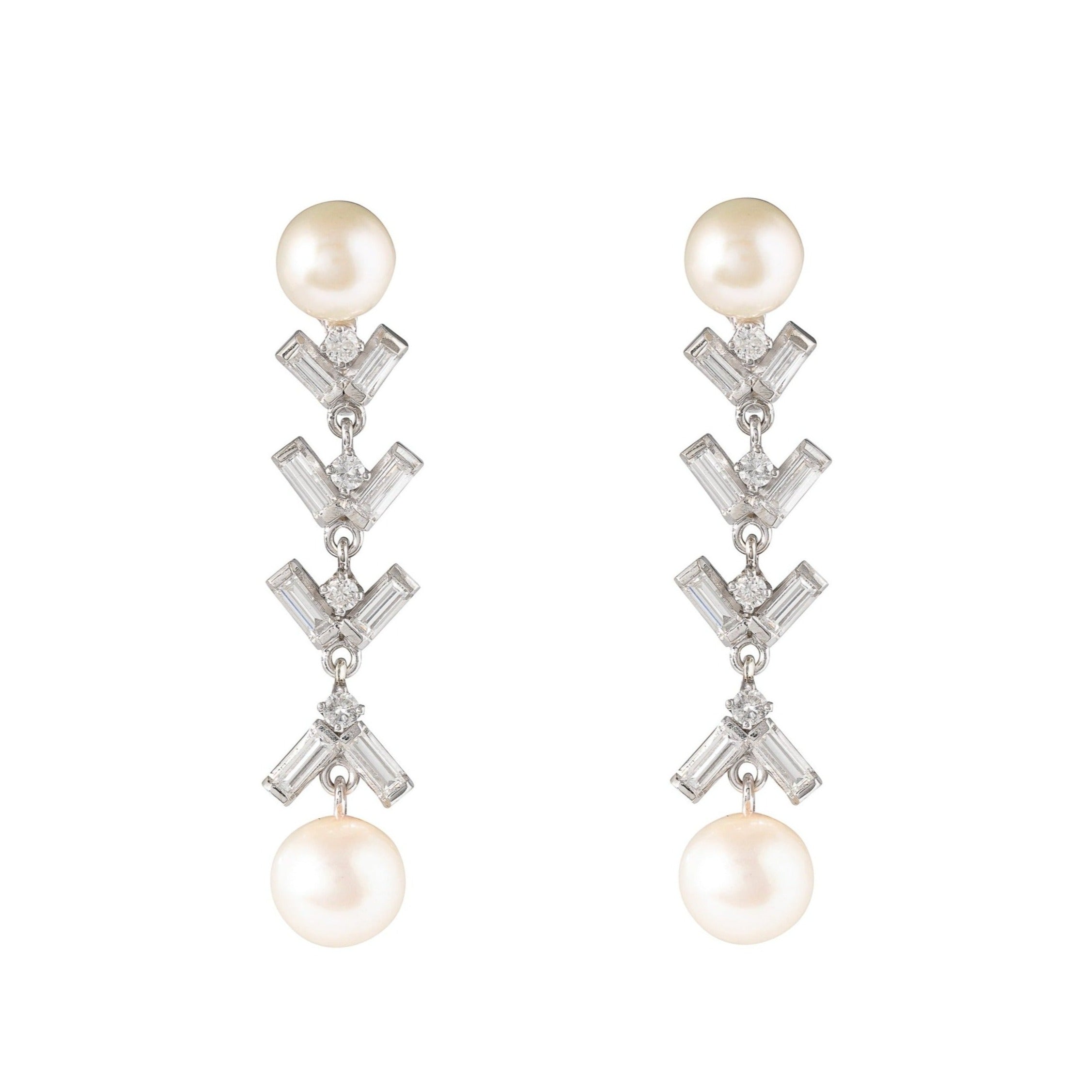 Pearl, Diamond, and Platinum Dangle Earrings