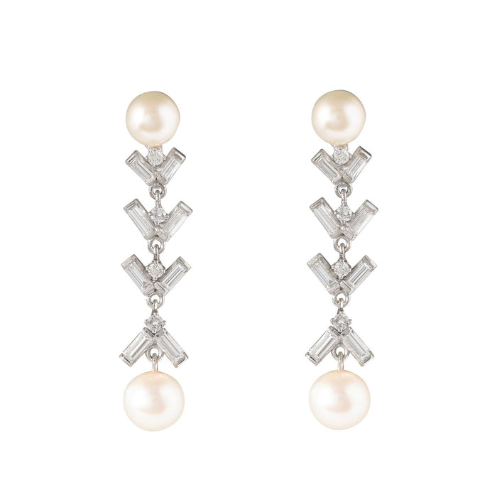 Pearl, Diamond, and Platinum Dangle Earrings