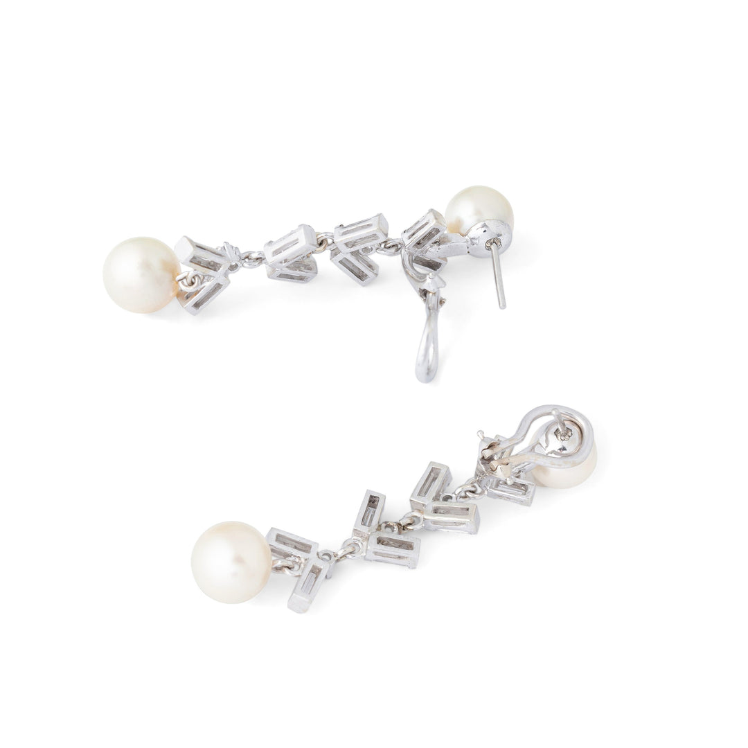 Pearl, Diamond, and Platinum Dangle Earrings