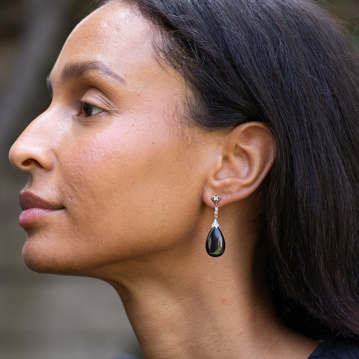 Onyx, Diamond, and Platinum Dangle Earrings