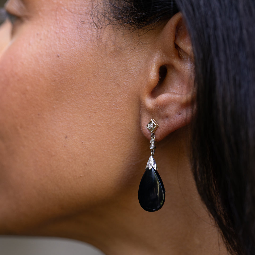 Onyx, Diamond, and Platinum Dangle Earrings