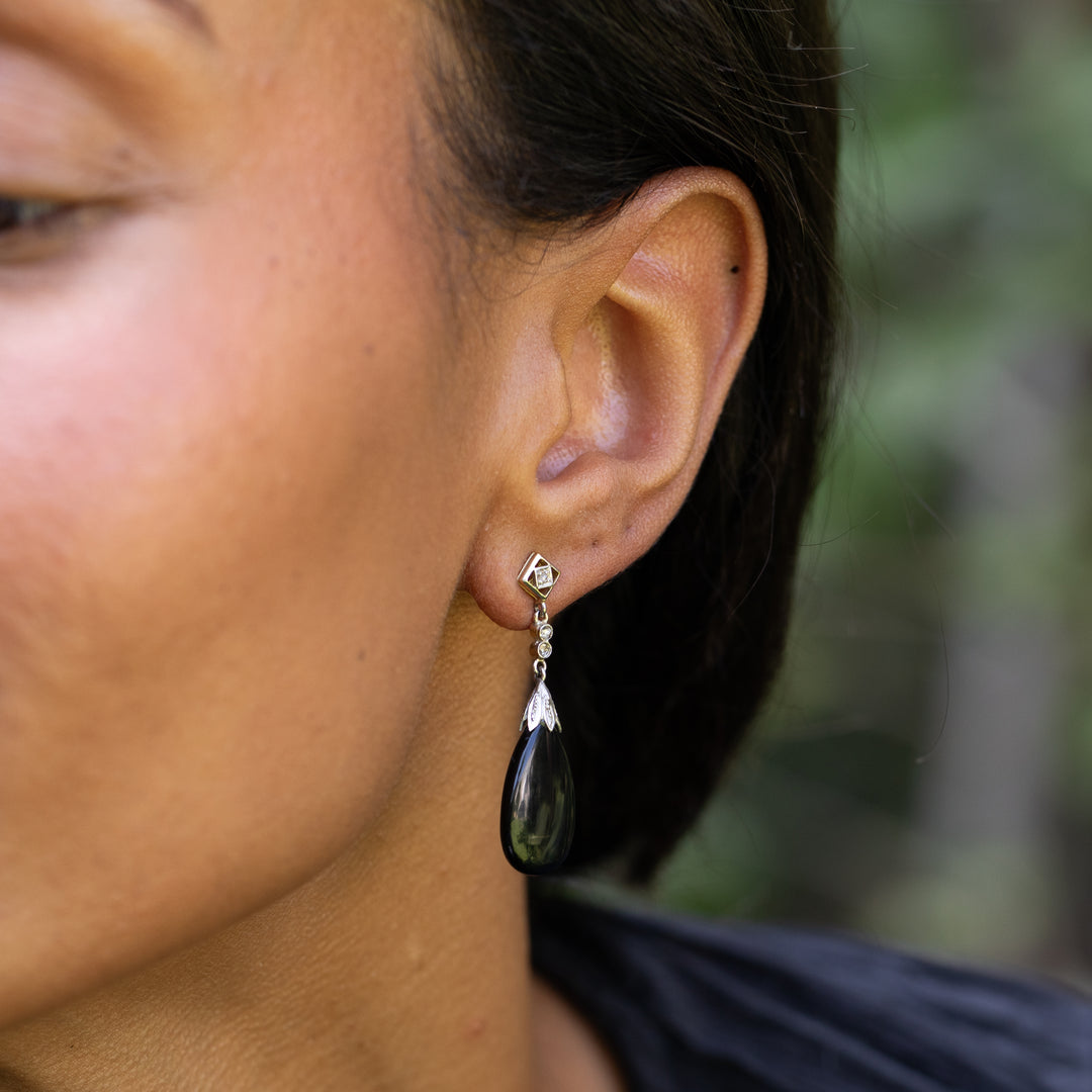 Onyx, Diamond, and Platinum Dangle Earrings