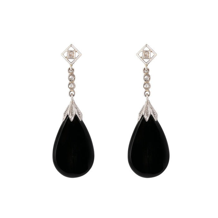 Onyx, Diamond, and Platinum Dangle Earrings