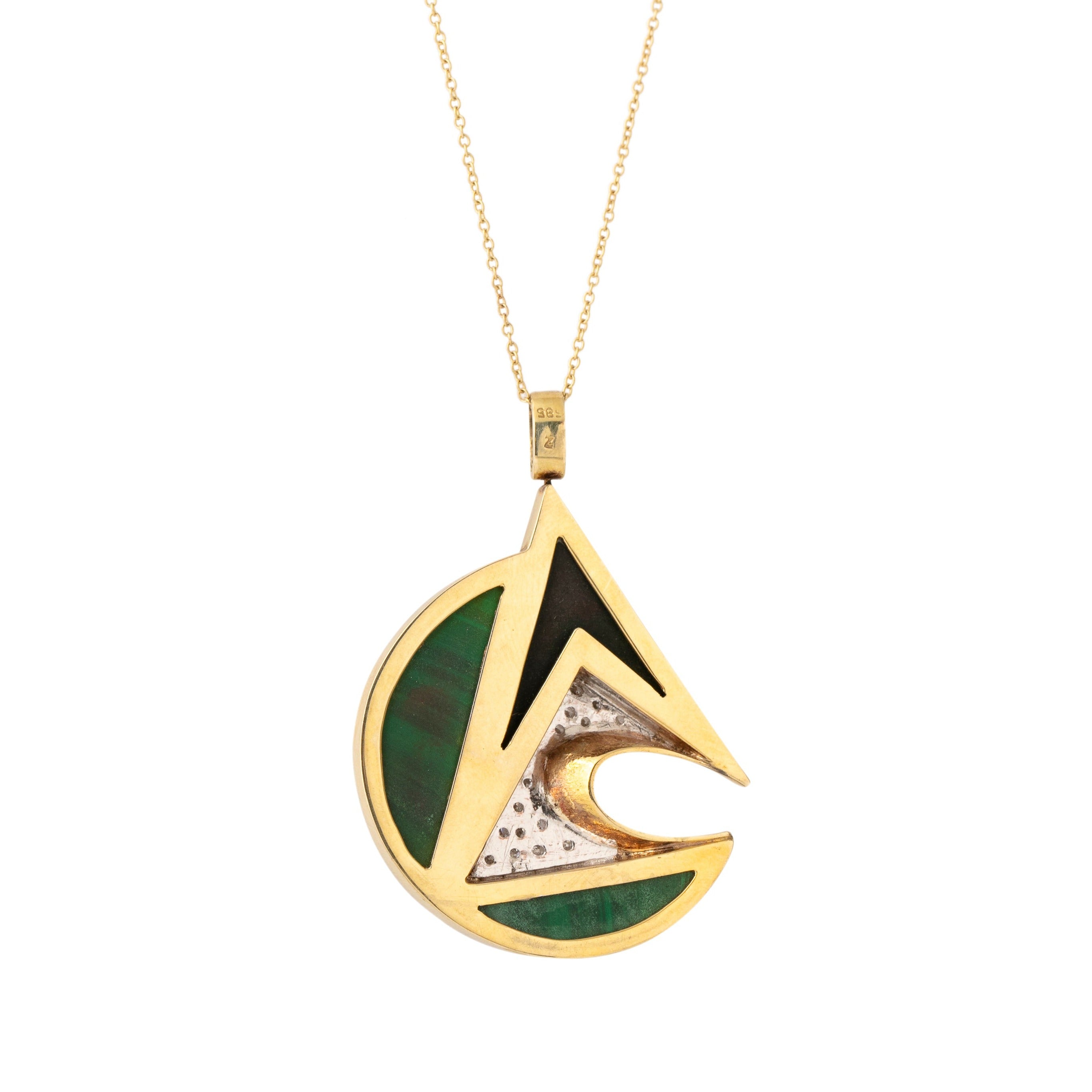 Malachite, Diamond, and Enamel 14K Gold Pendant Necklace