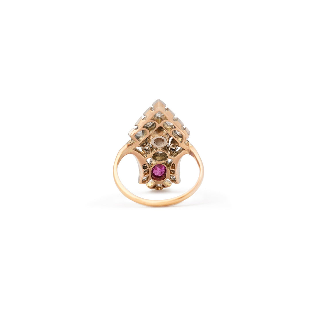 Early 20th Century Diamond, Ruby, and Platinum Topped 14K Gold Ring