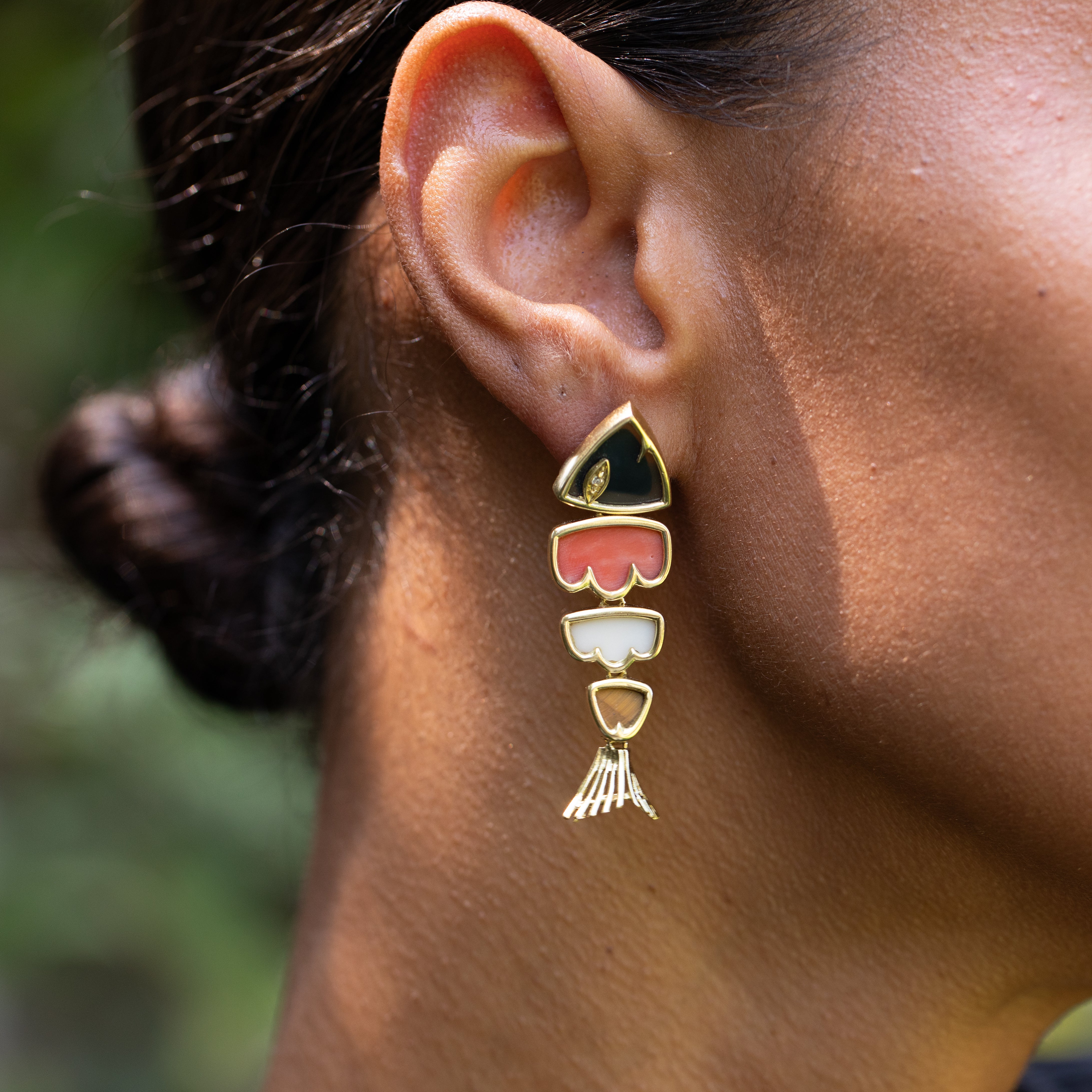 Multi-Stone and 18K Gold Fish Earrings