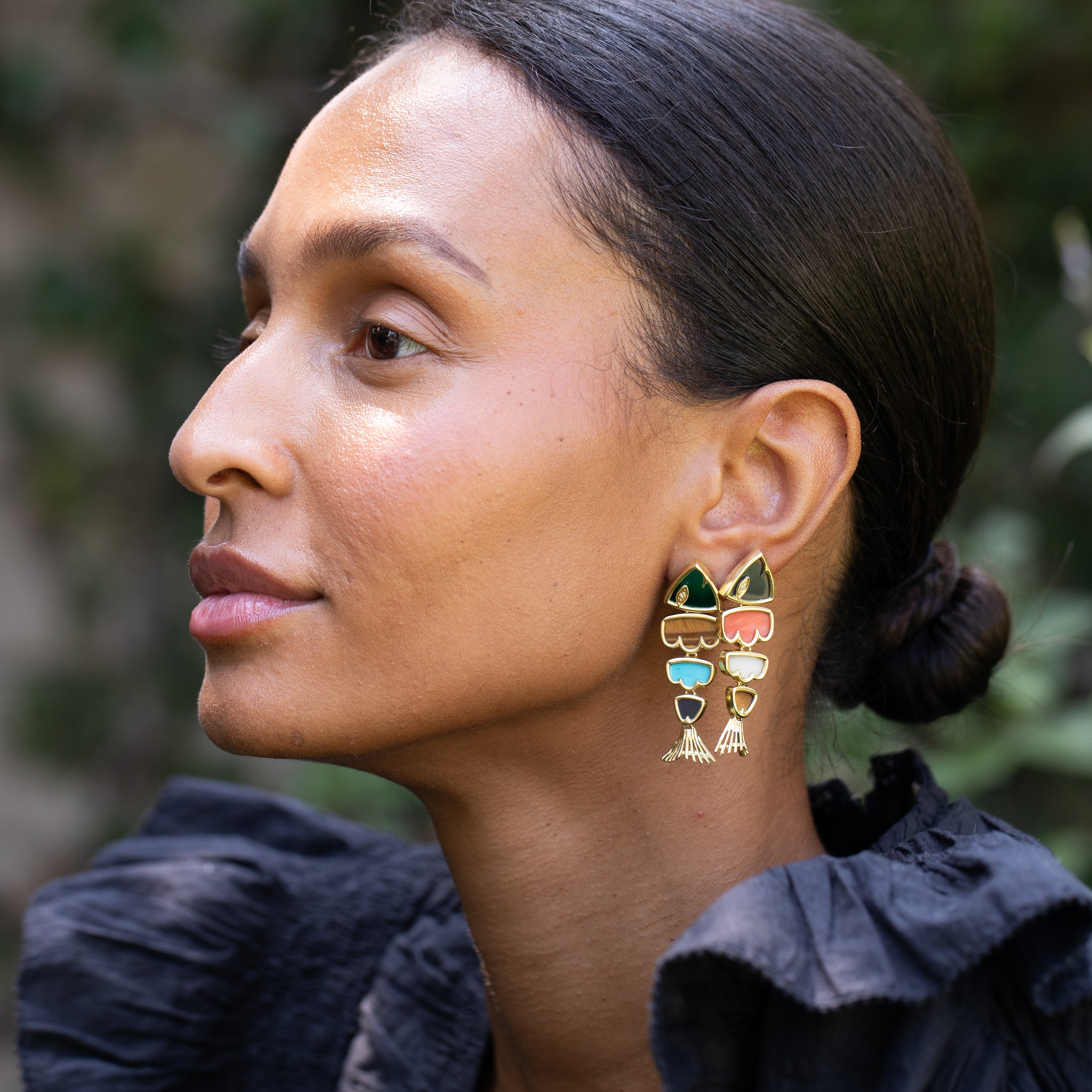 Multi-Stone and 18K Gold Fish Earrings