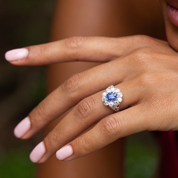 Edwardian Sapphire, Diamond, and Platinum Cluster Ring