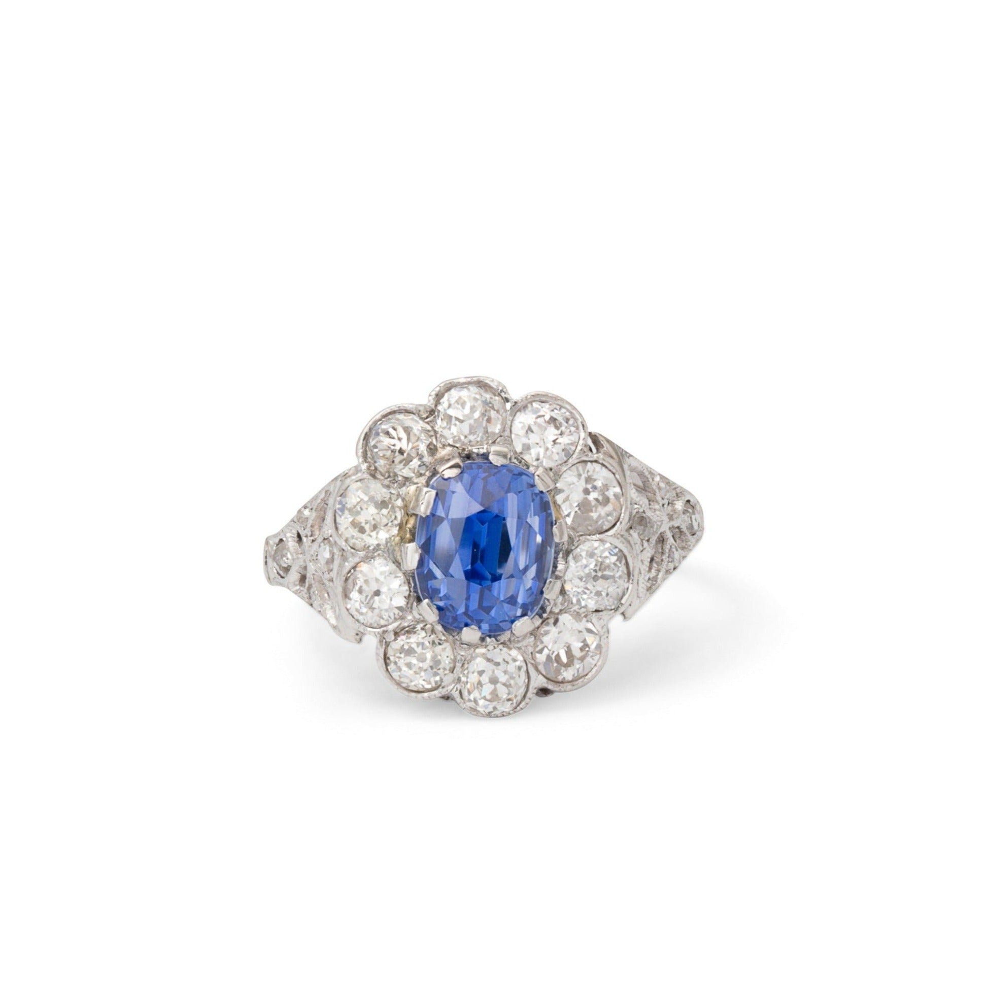 Edwardian Sapphire, Diamond, and Platinum Cluster Ring