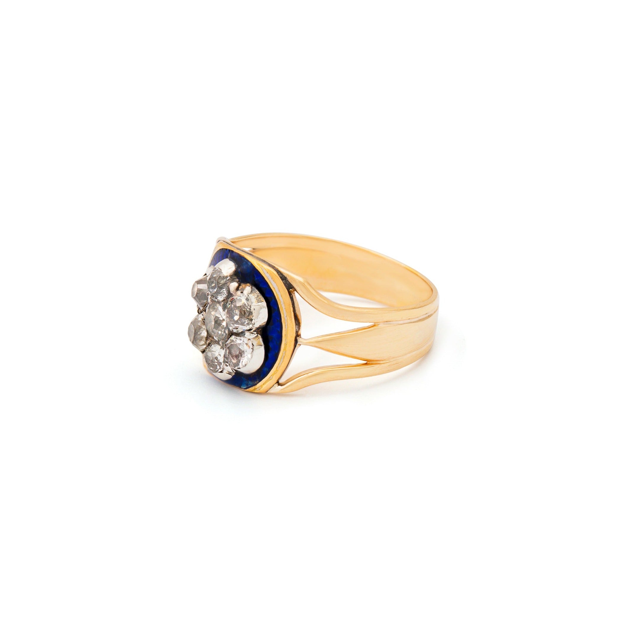 Victorian Diamond, Enamel, 12K Gold, and Silver Cluster Ring