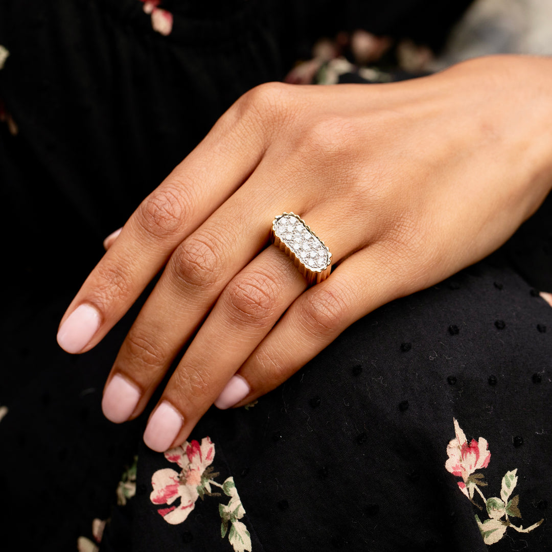 Sculptural 1960s Diamond Pave and 18K Fluted Gold Ring