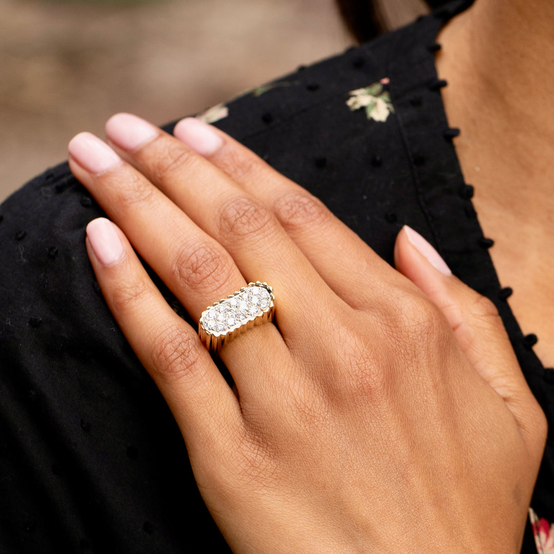 Sculptural 1960s Diamond Pave and 18K Fluted Gold Ring