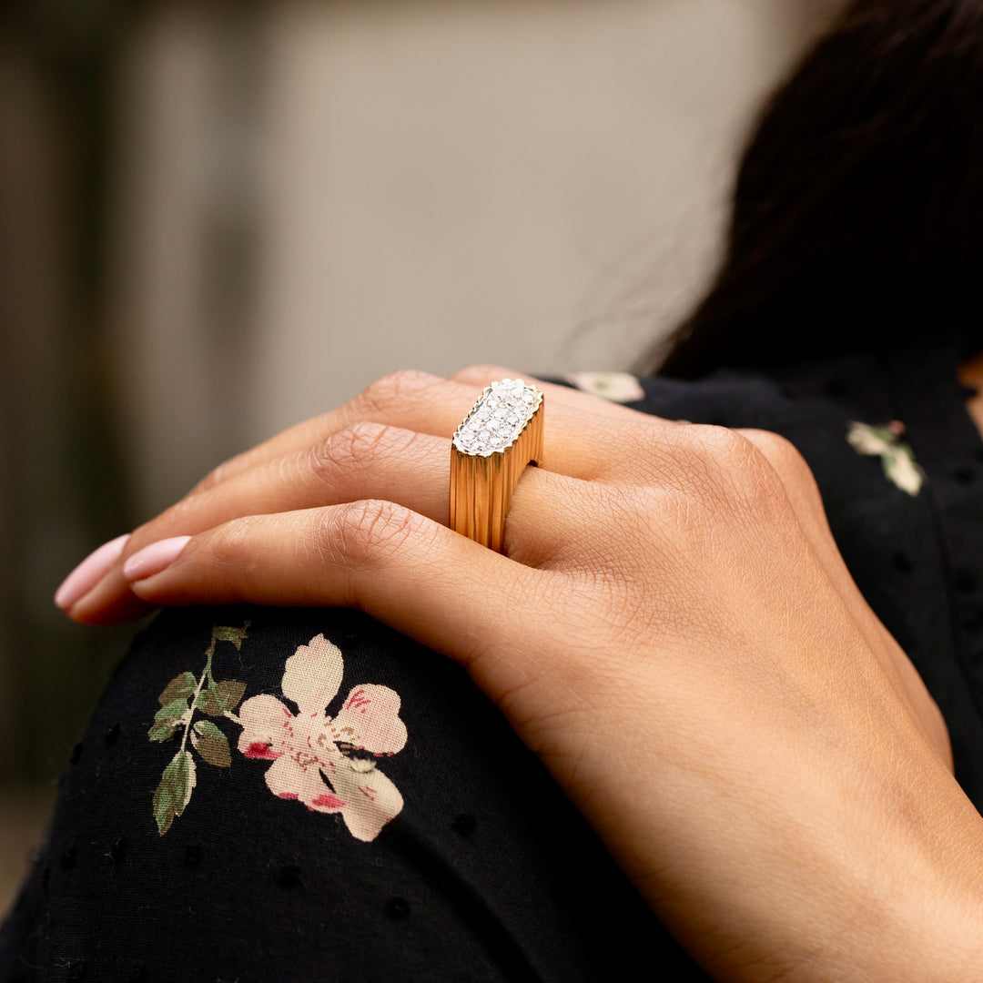 Sculptural 1960s Diamond Pave and 18K Fluted Gold Ring