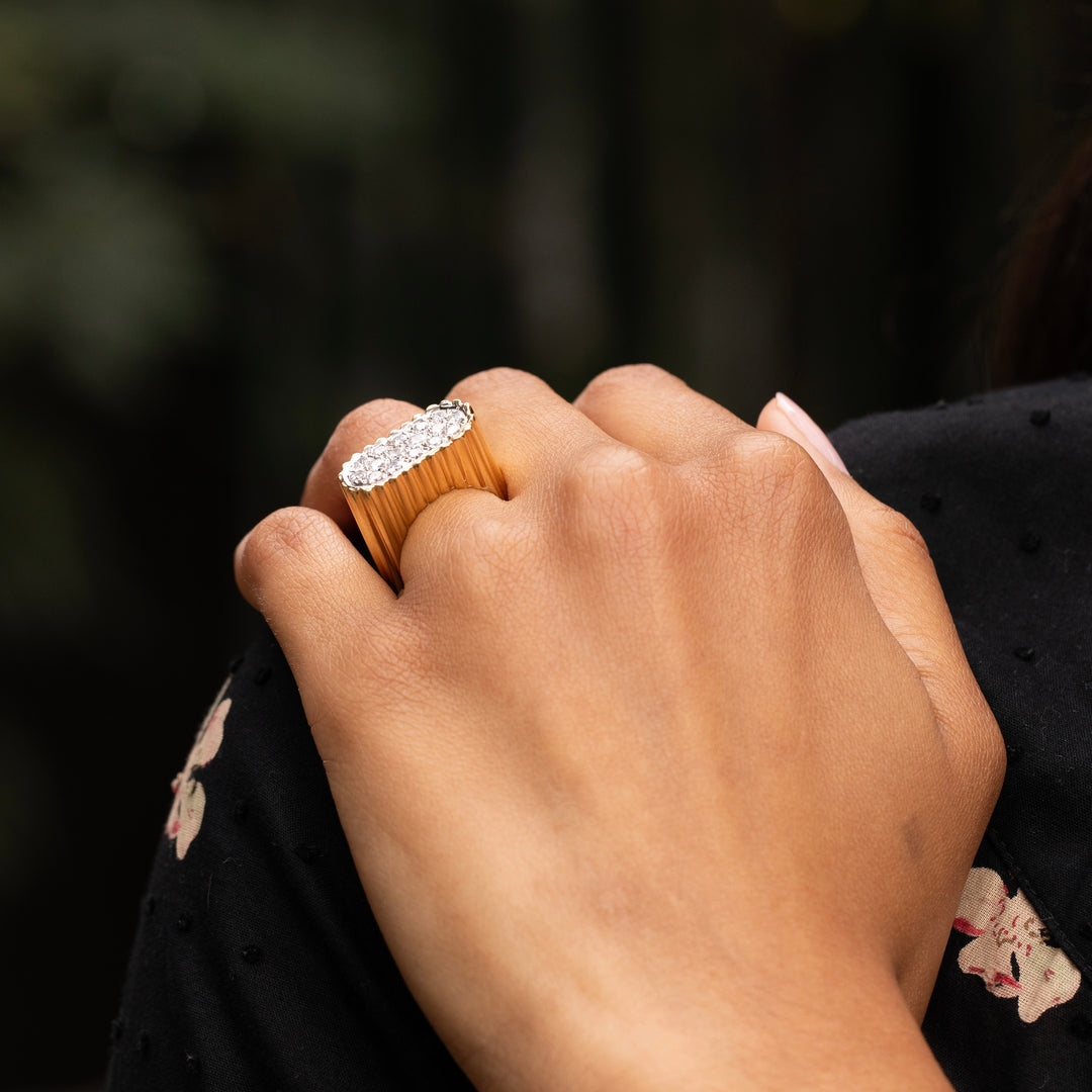 Sculptural 1960s Diamond Pave and 18K Fluted Gold Ring