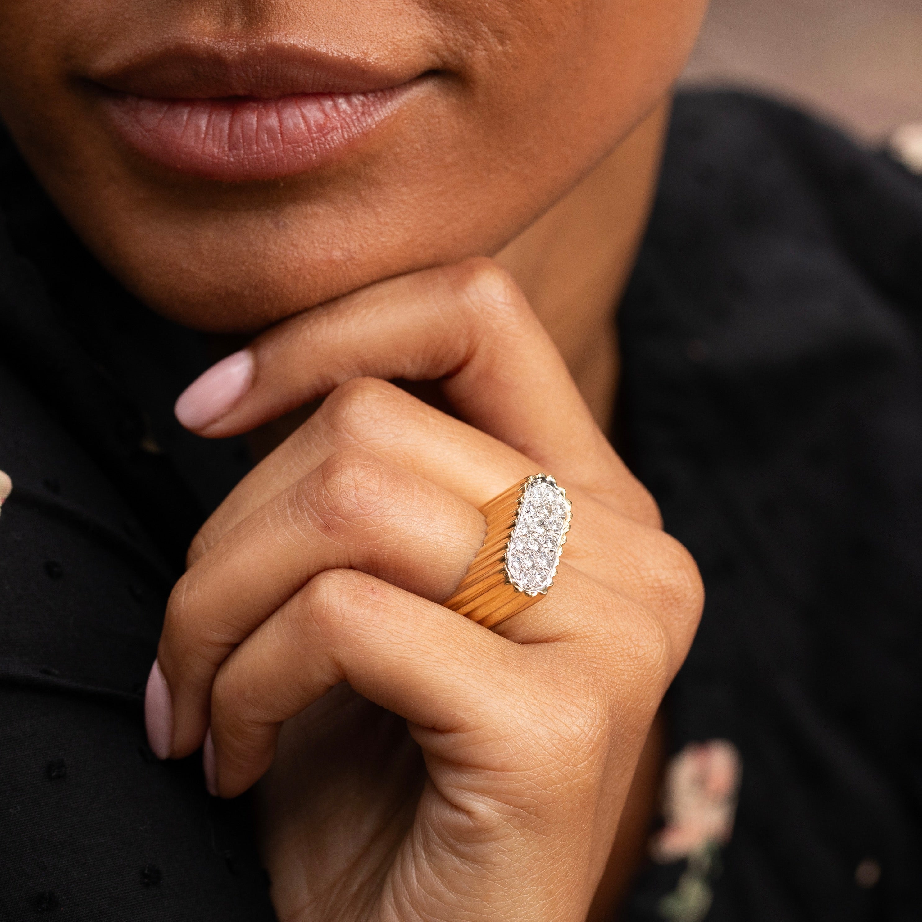 Sculptural 1960s Diamond Pave and 18K Fluted Gold Ring