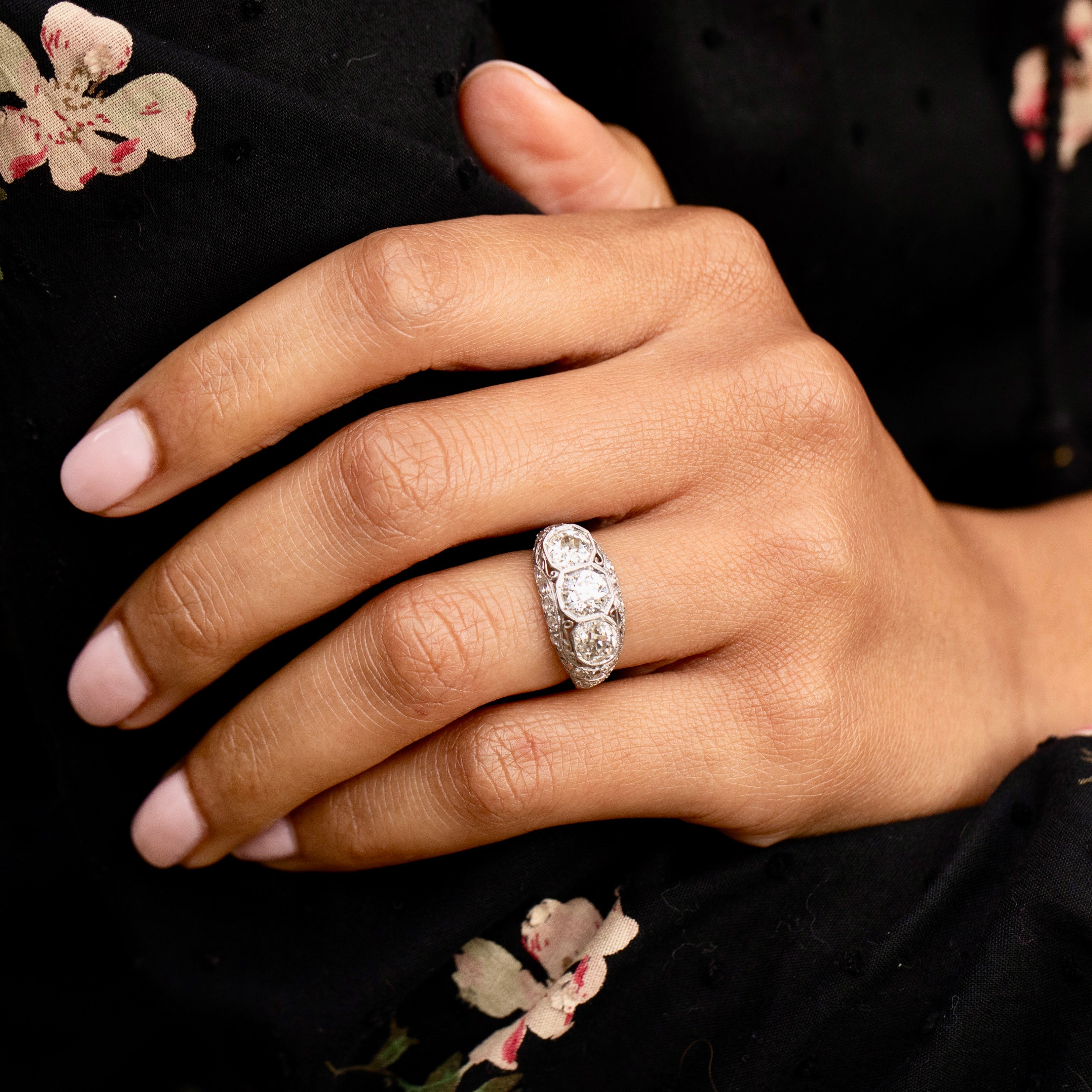 Art Deco 3-Stone Diamond and Platinum Ring