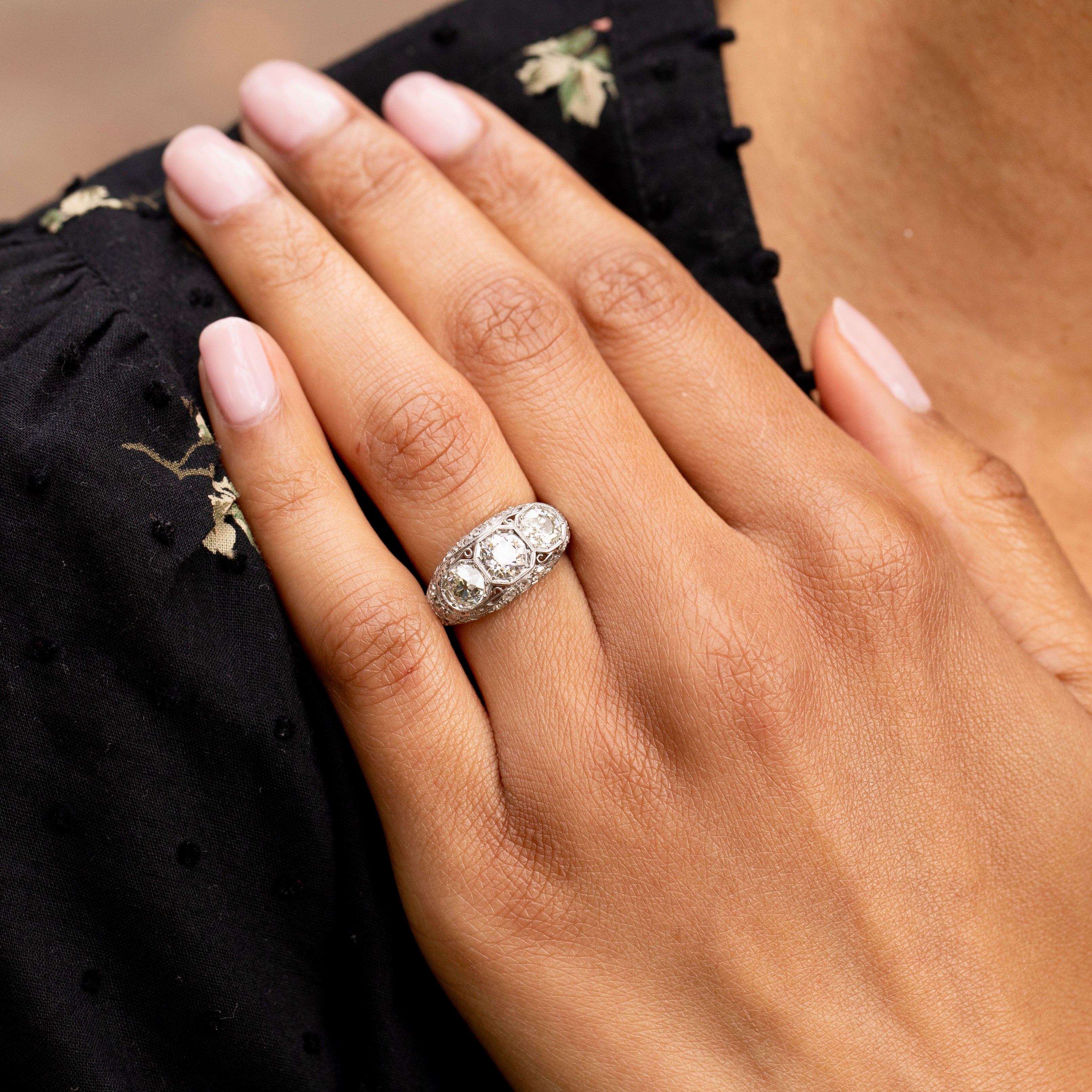 Art Deco 3-Stone Diamond and Platinum Ring