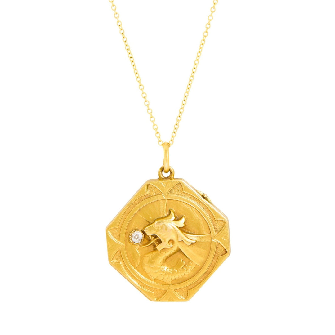 Art Nouveau 18k Gold and Diamond Griffin Locket Necklace