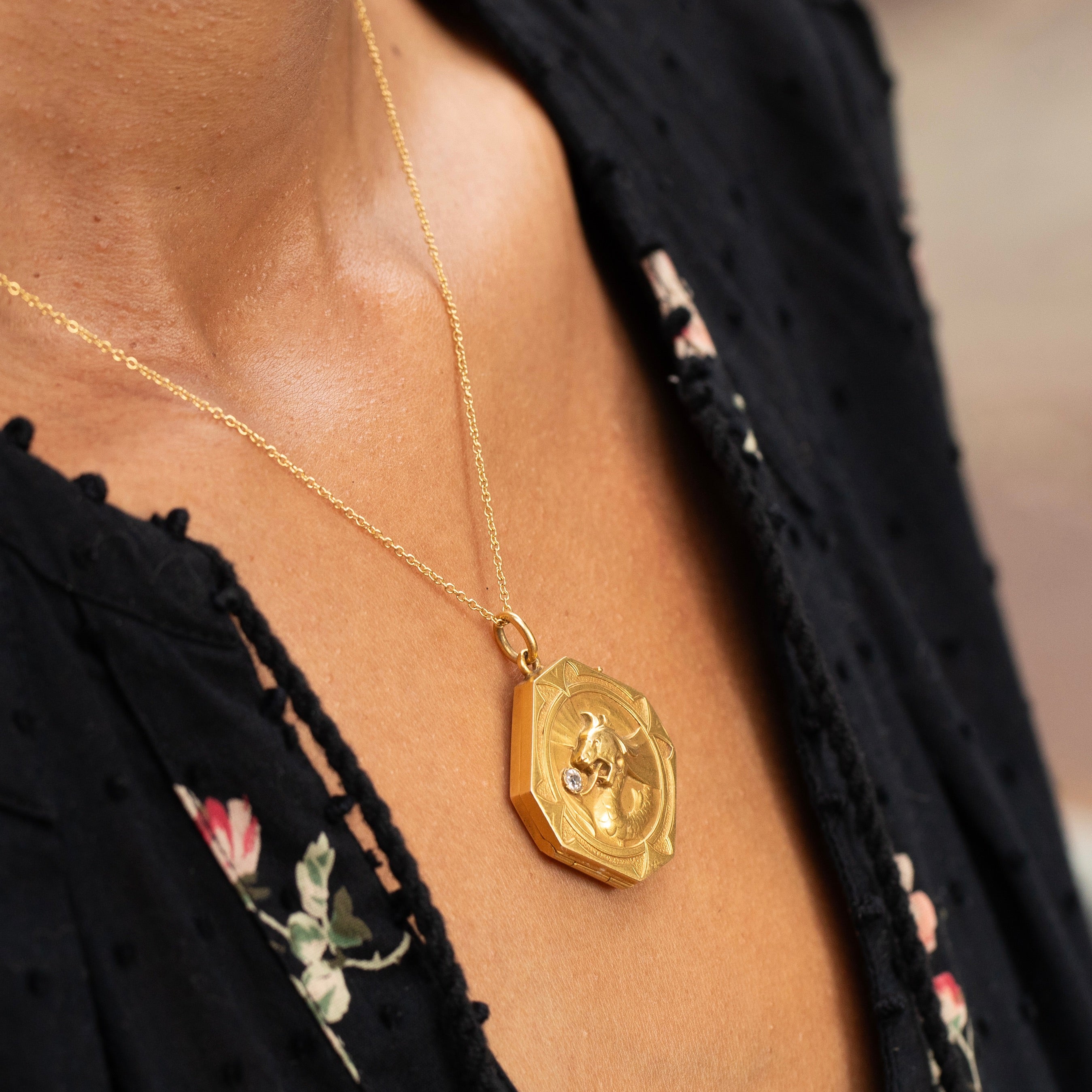 Art Nouveau 18k Gold and Diamond Griffin Locket Necklace