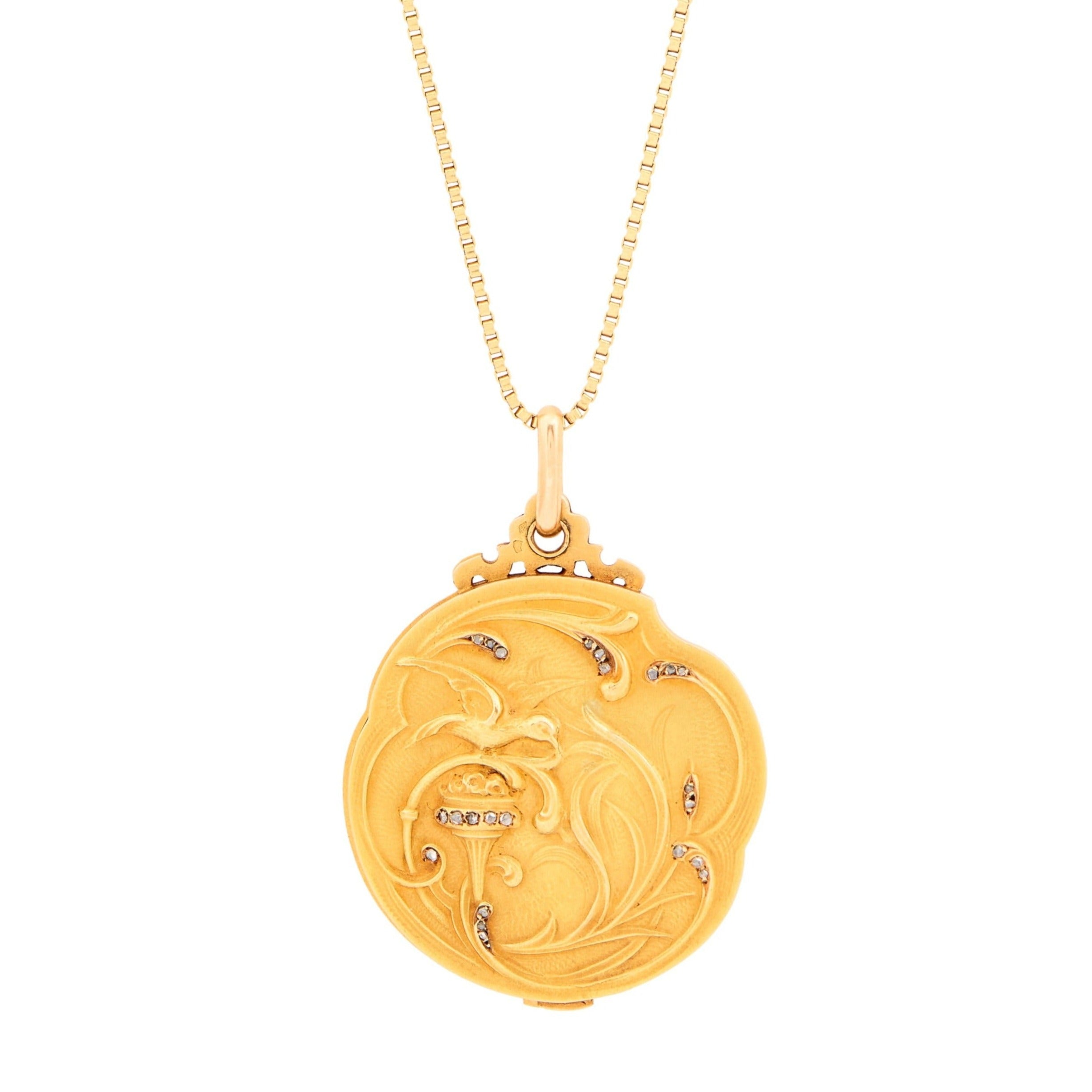 French Art Nouveau 18K Gold and Diamond Sliding Locket Necklace