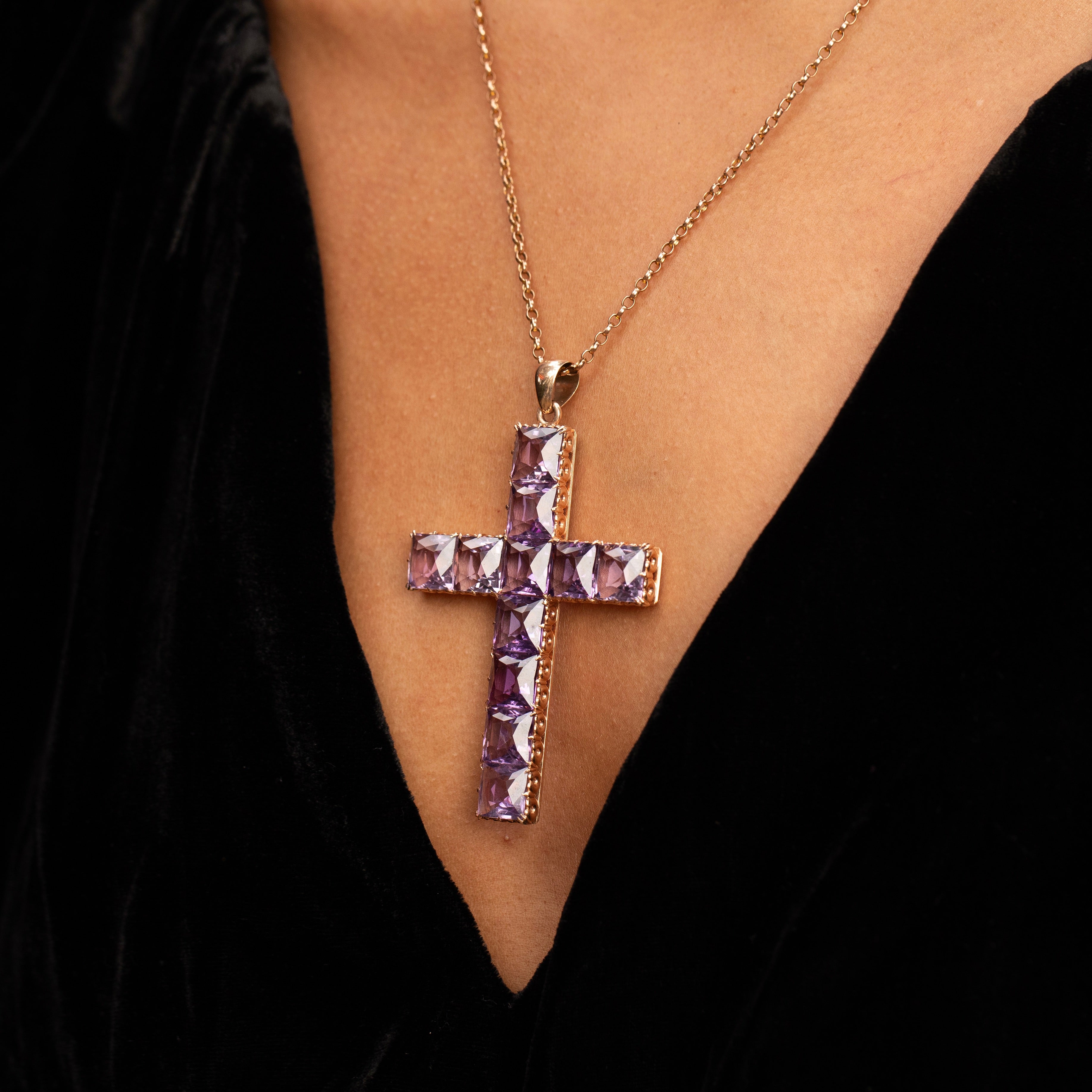 Large Amethyst and 14K Rose Gold Cross Pendant Necklace