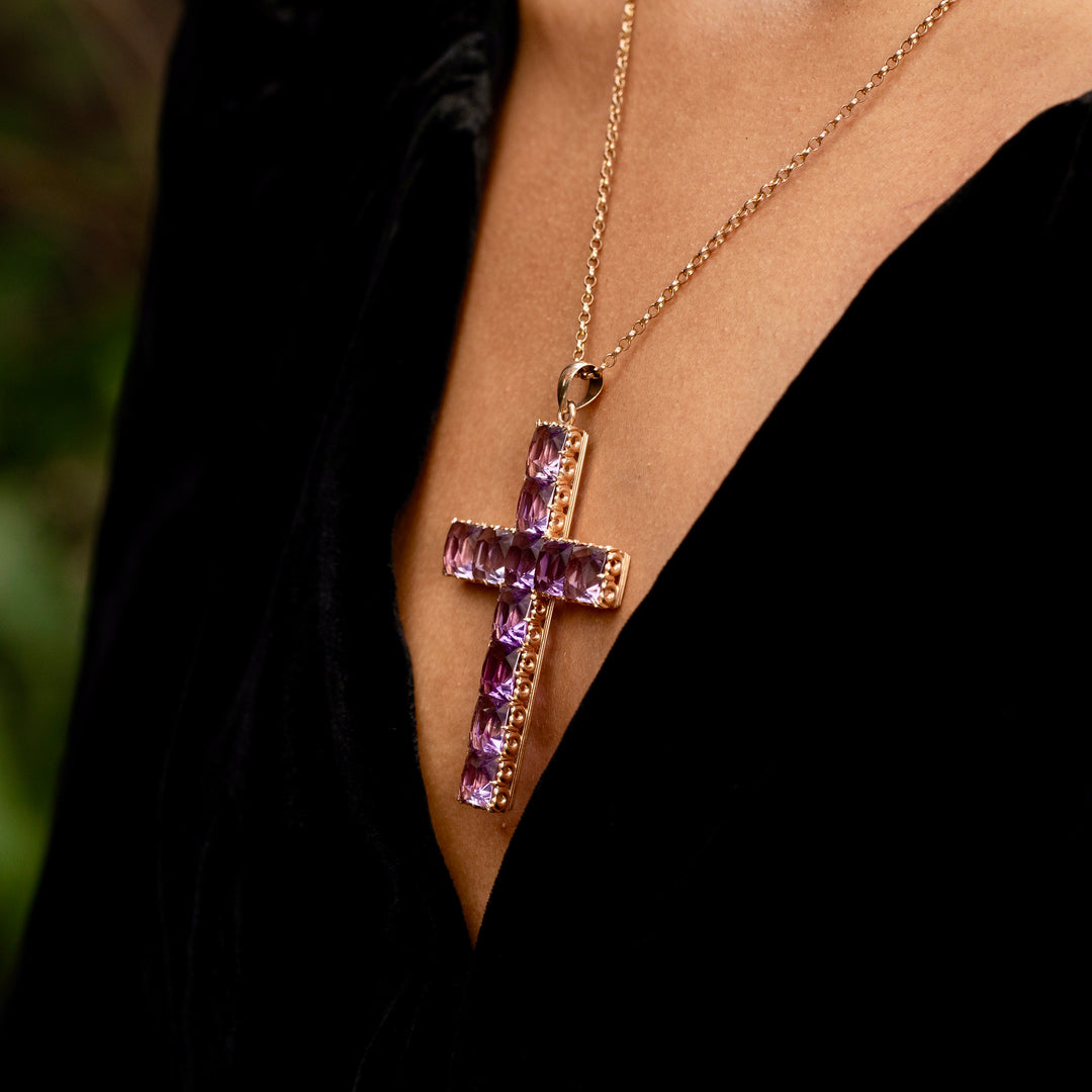 Large Amethyst and 14K Rose Gold Cross Pendant Necklace