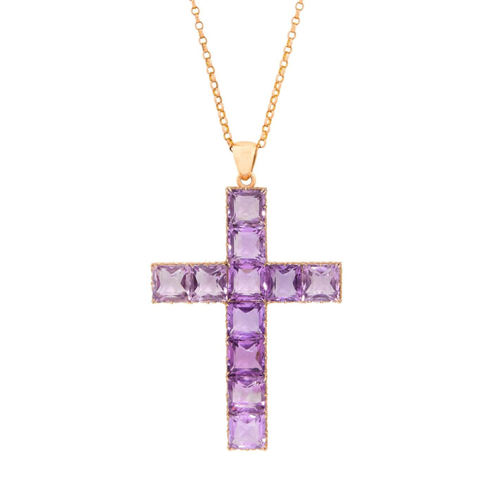 Large Amethyst and 14K Rose Gold Cross Pendant Necklace