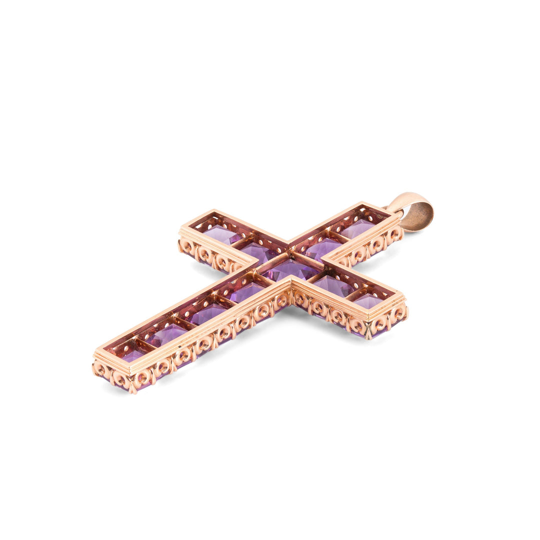 Large Amethyst and 14K Rose Gold Cross Pendant Necklace