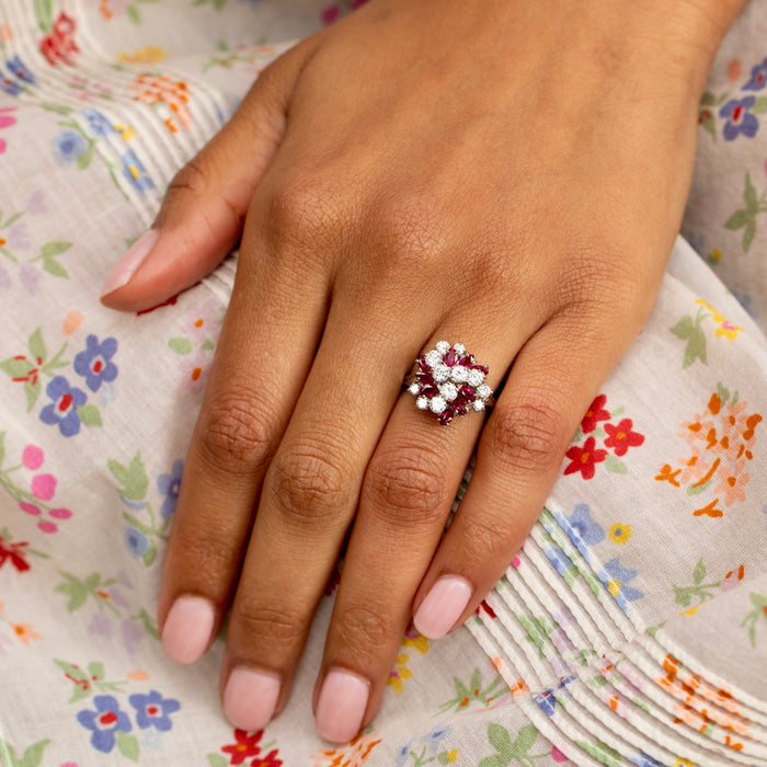 Ruby, Diamond, and Platinum Cluster Dome Ring