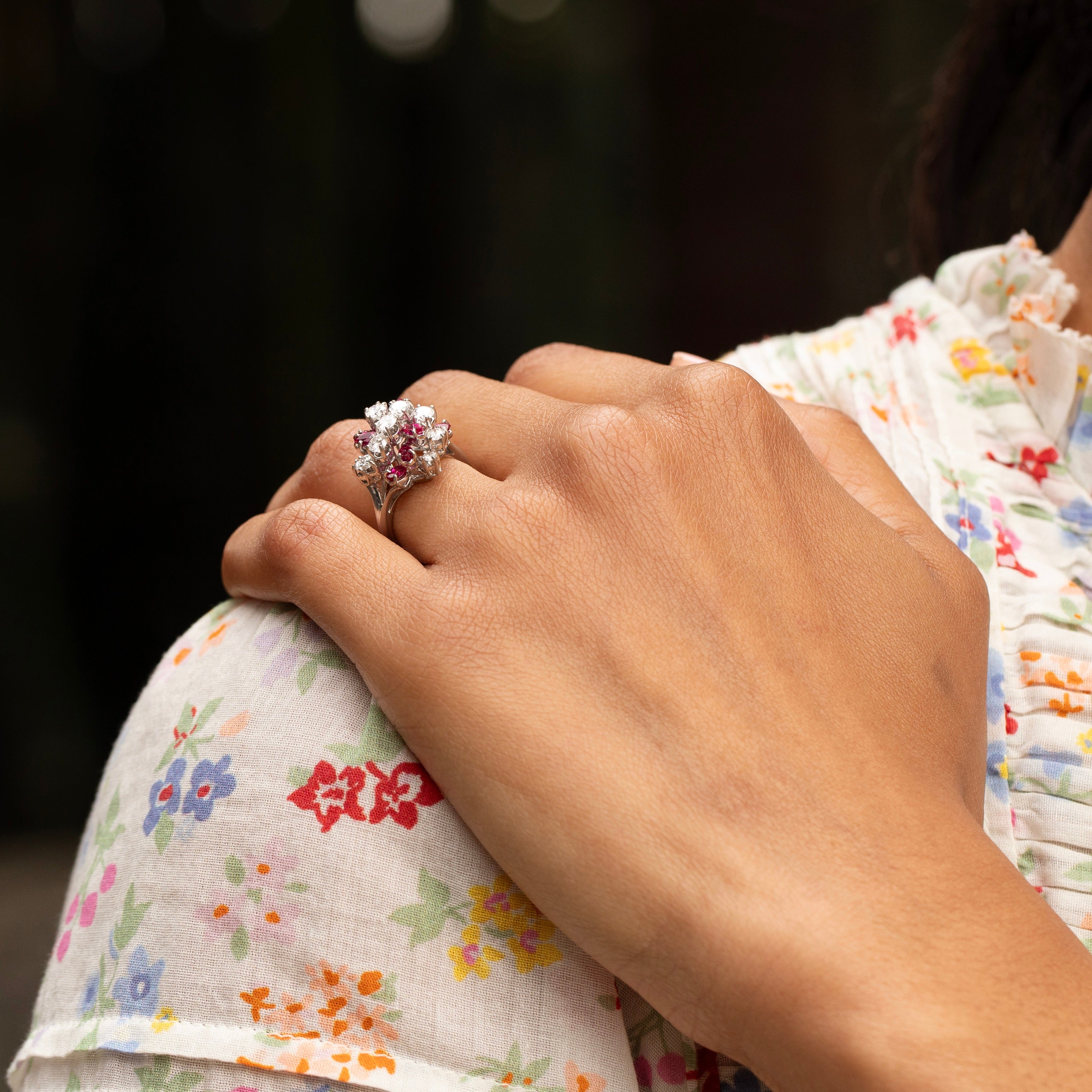 Ruby, Diamond, and Platinum Cluster Dome Ring