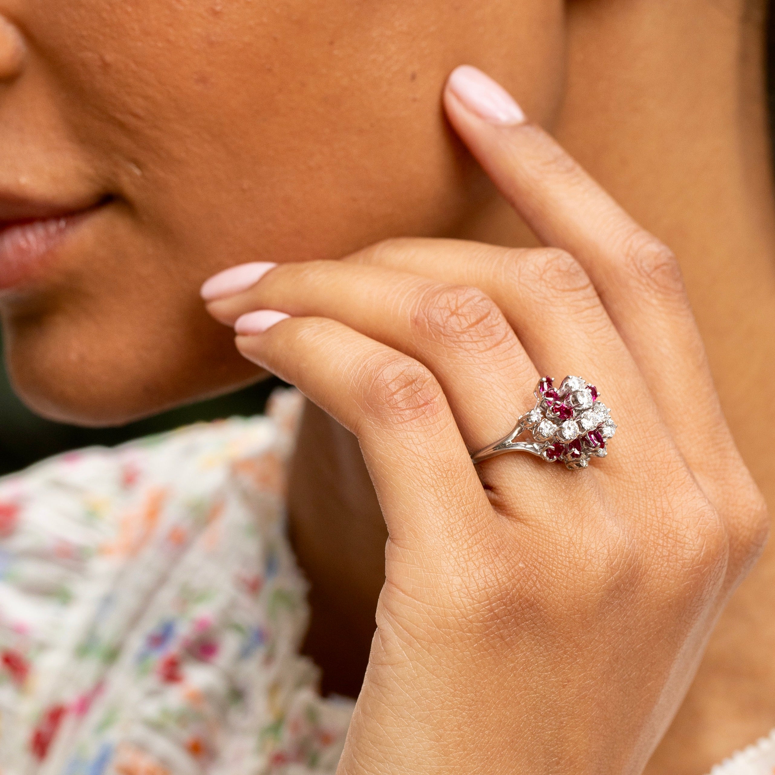 Ruby, Diamond, and Platinum Cluster Dome Ring