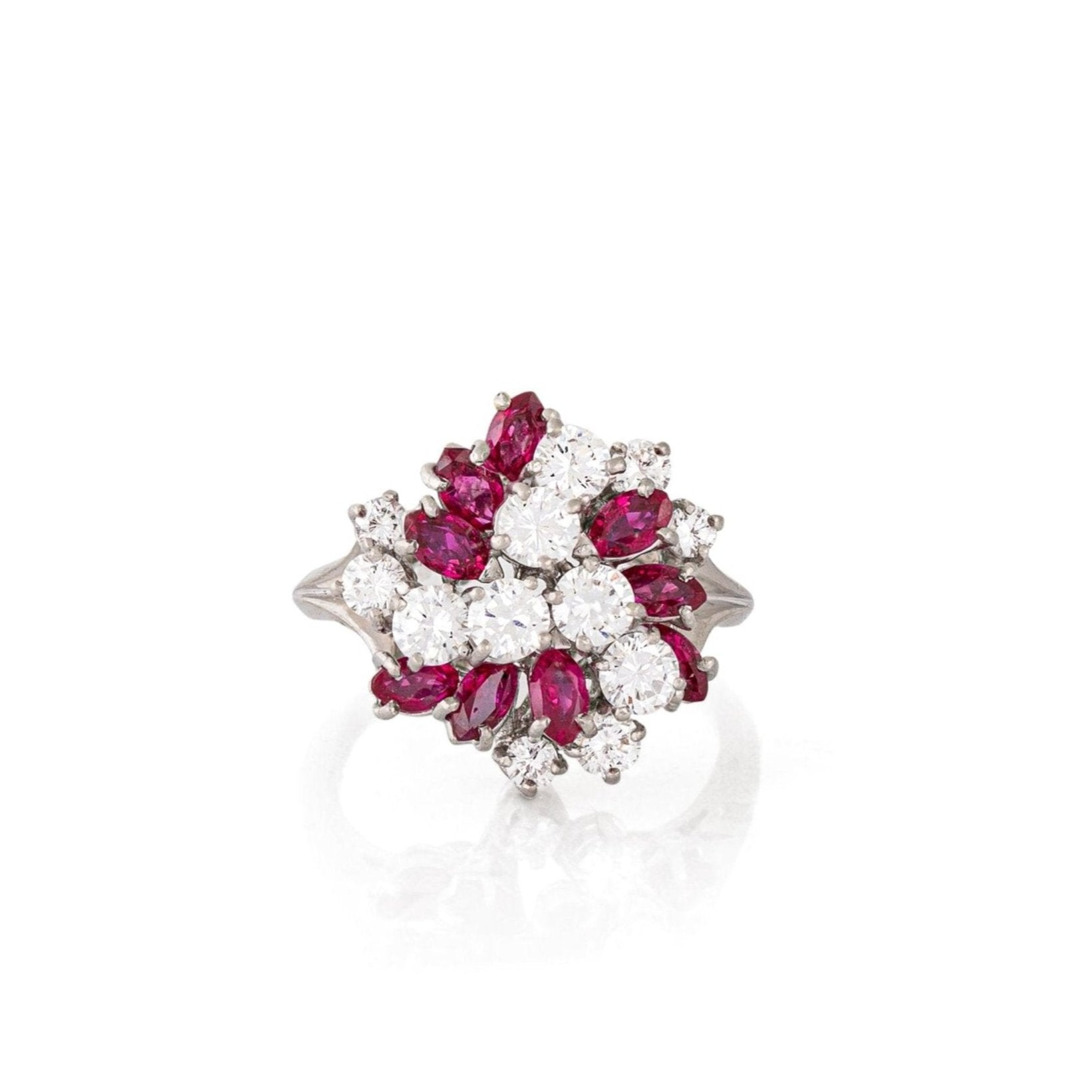 Ruby, Diamond, and Platinum Cluster Dome Ring