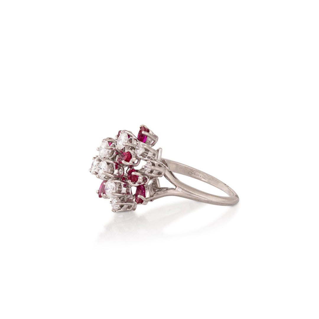 Ruby, Diamond, and Platinum Cluster Dome Ring