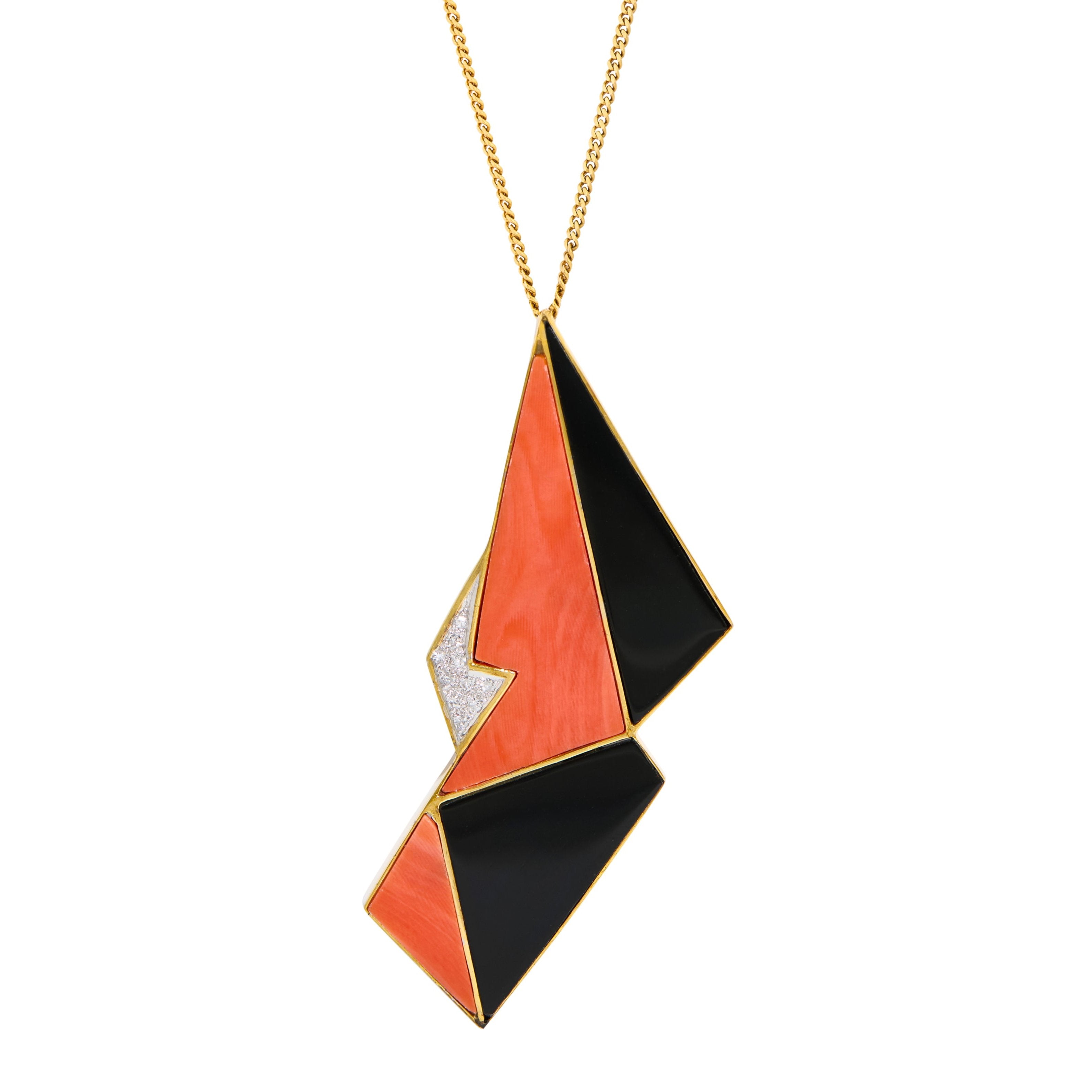 Modernist Coral, Onyx, Diamond, and 14K Gold Large Pendant