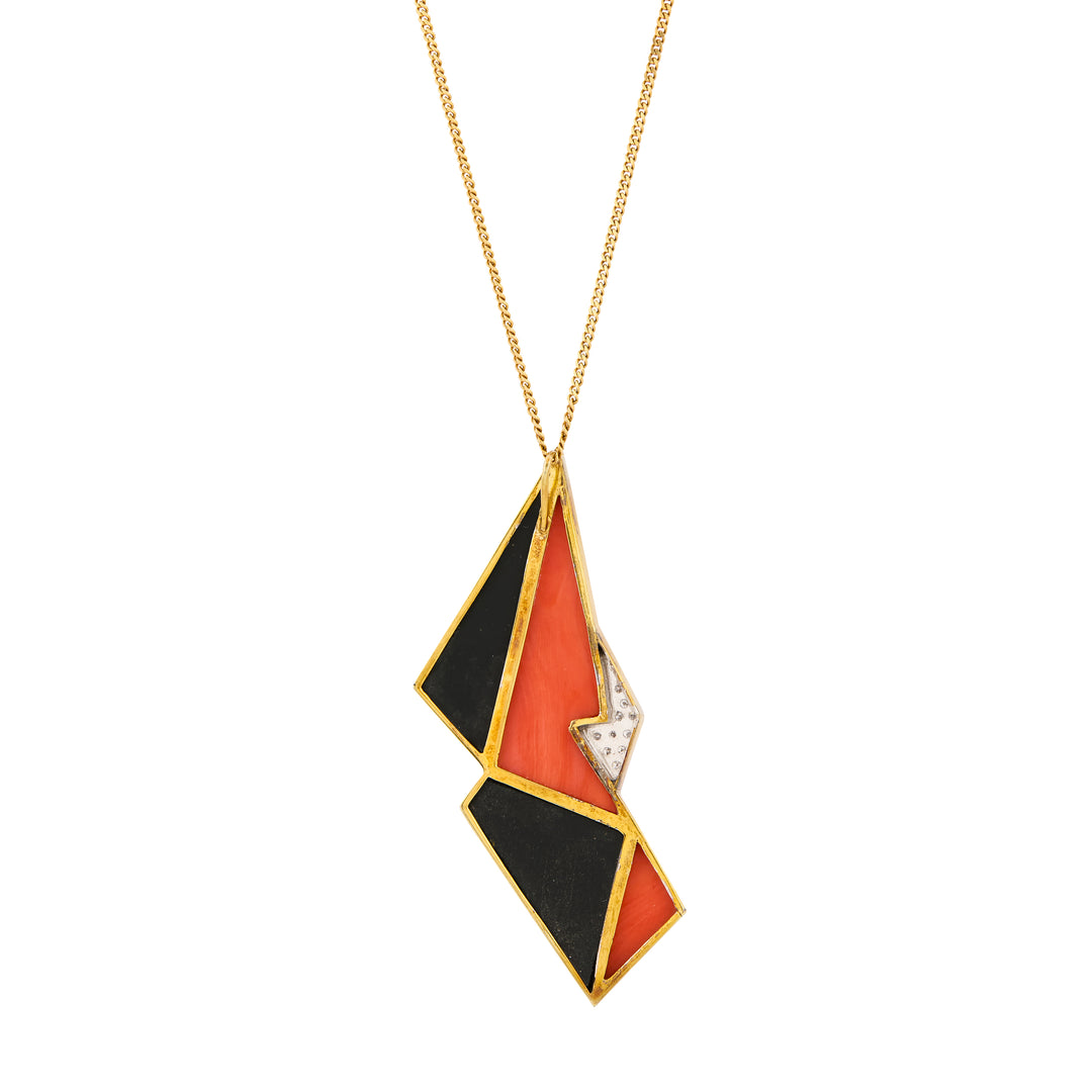 Modernist Coral, Onyx, Diamond, and 14K Gold Large Pendant