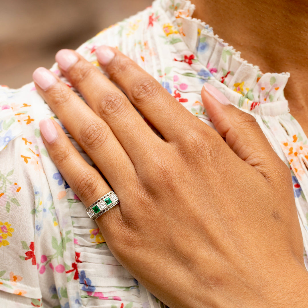 Art Deco Diamond, Emerald, and Platinum Ring